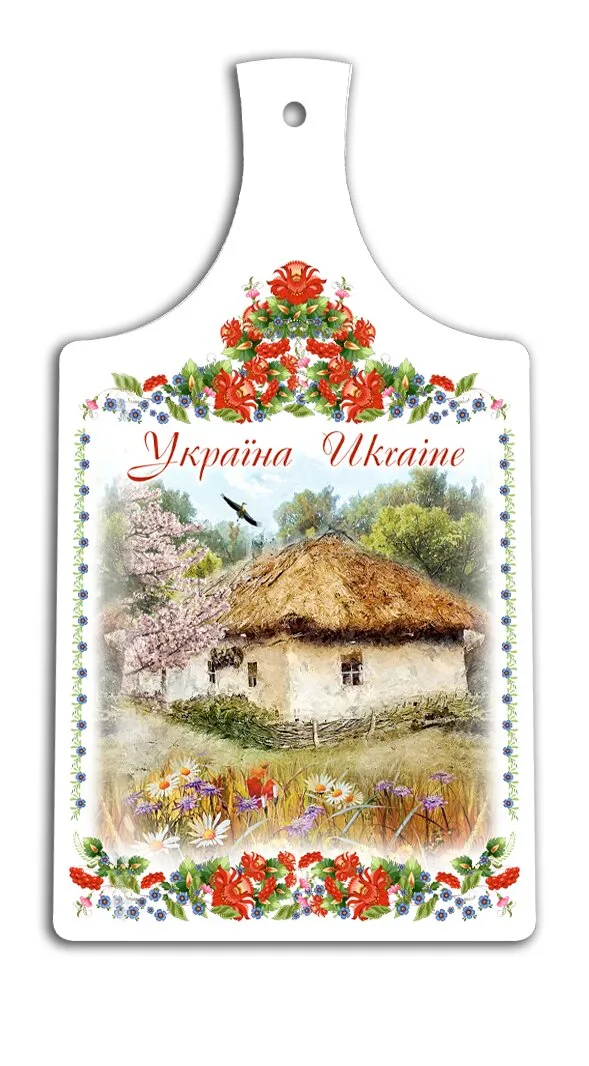 Кухонная доска Украина "Дом с вишневым цветом" 18*33 см гпукд04