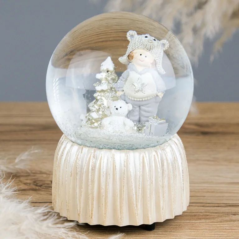 Декоративний водяний шар "Хлопчик з ведмедиком" з музикою на заводному механізмі 14.5 см 559-571