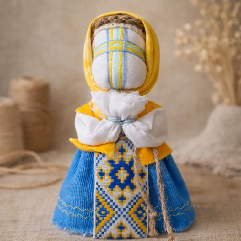 Лялька мотанка міні в жовто-блакитній хусточці 14 см 014 ХЖ-1