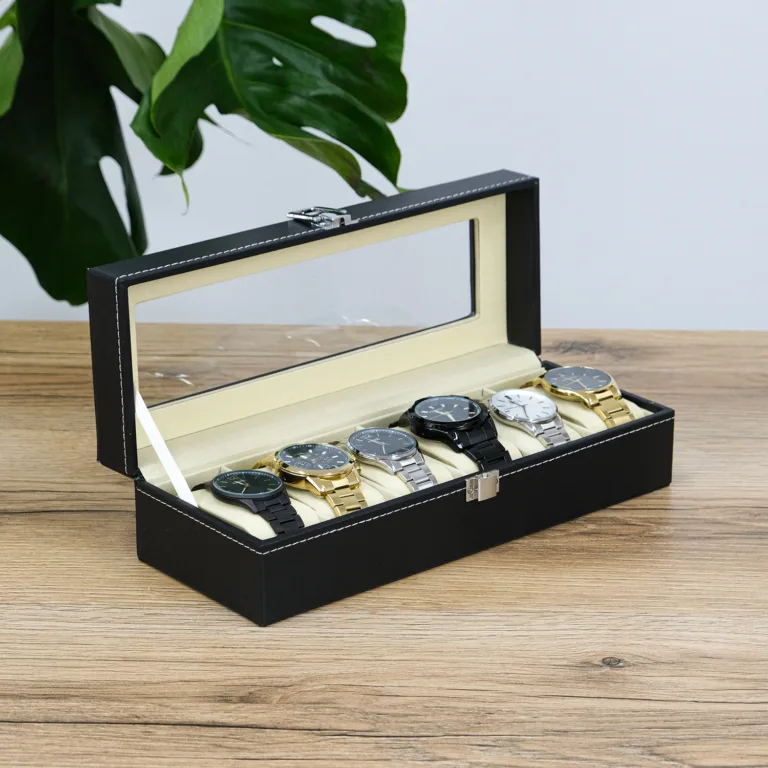 Скринька для годинників з 6 слотами, екошкіра чорна 31*11*10 см JZ-027