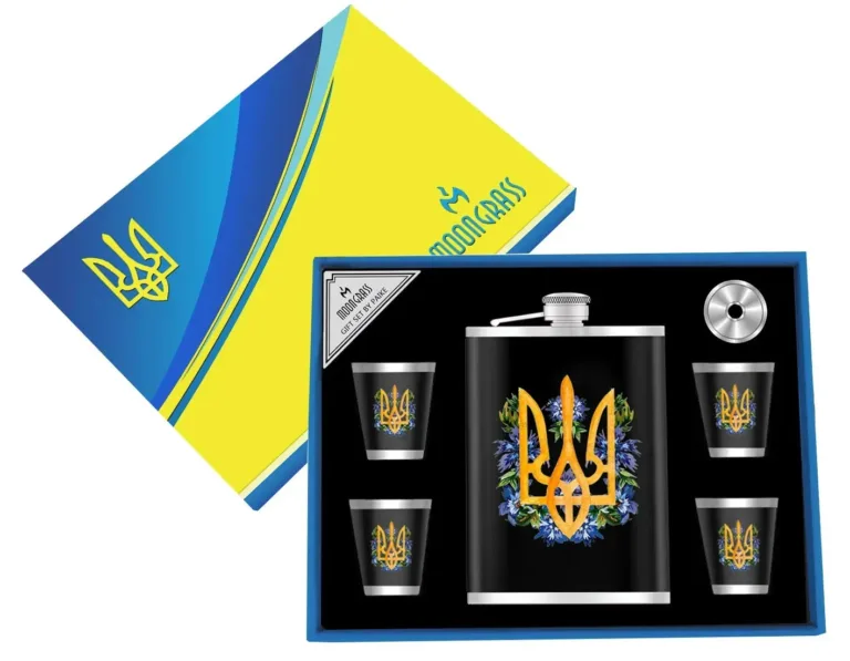 Подарунковий набір "Тризуб" 6в1 чорний (фляга, 4 чарки, лійка)