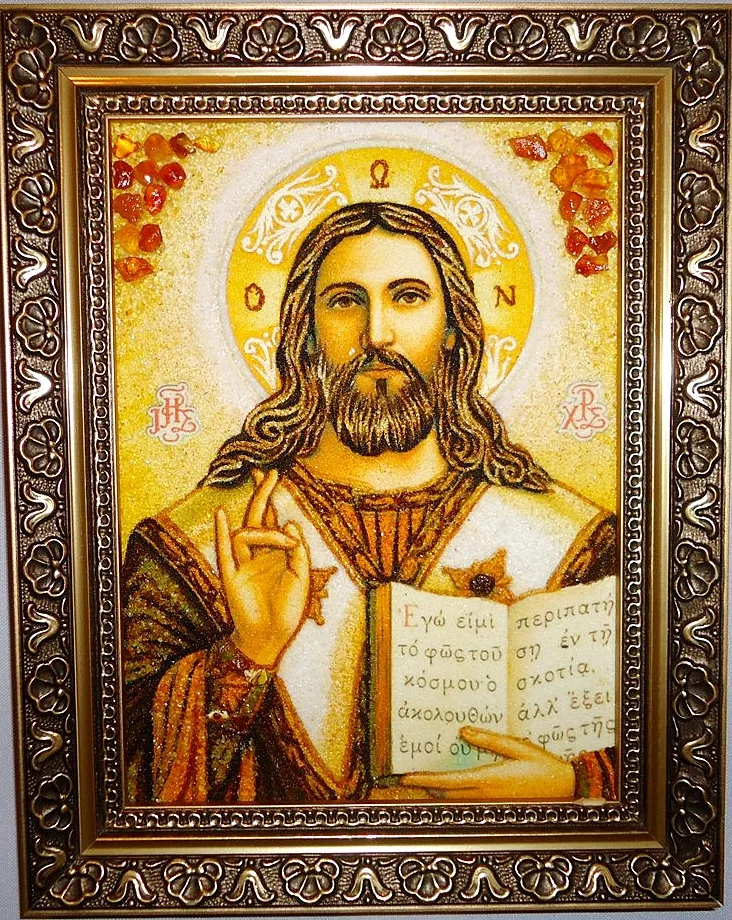Ікона з бурштину Ісус Христос і-02 Господь Вседержитель (пара з Іверською і-01) 15*20